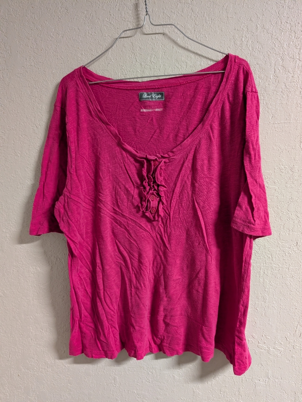 Scoop-Neck Short Sleeve Henley XXL Ruffle Button Stretchy Boho Dainty Feminine